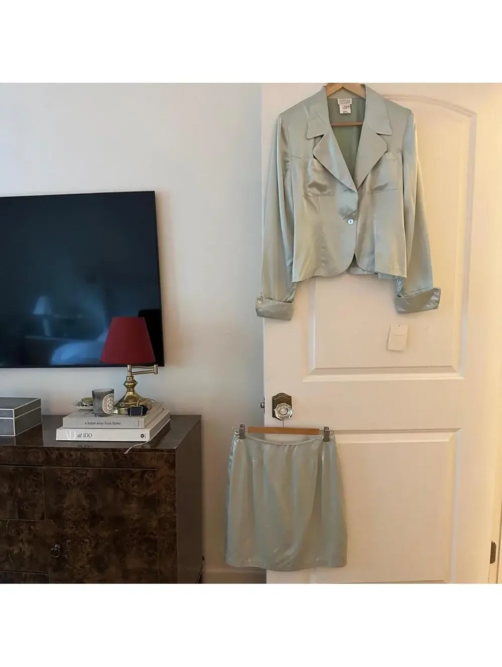 Vintage Light Green Satin Matching Set - Blazer and Mini Skirt